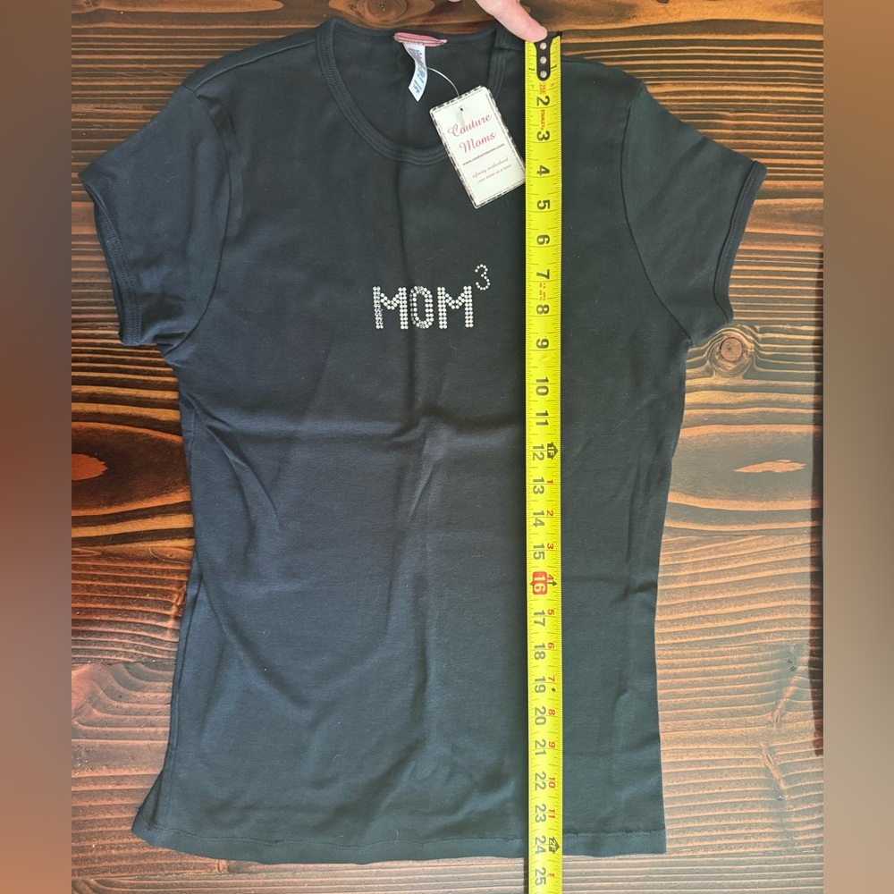 Black Short Sleeve Mom Tee with Rhinestone Design